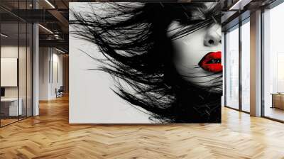 Fashion girl with red lips Woman's black and white sketch face art flying hair,  fashion portrait. Stylish original graphics portrait with beautiful young attractive girl model, space for text, beauty Wall mural