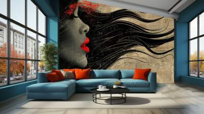 Fashion girl with red lips Woman's black and white sketch face art flying hair,  fashion portrait. Stylish original graphics portrait with beautiful young attractive girl model, space for text, beauty Wall mural