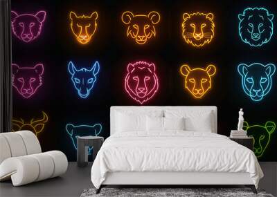 glowing neon light effect animals head, bright advertising design element, set of logo light signboard banner for veterinary clinic, pet shop, night club concept Wall mural