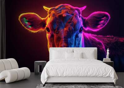 glowing neon light effect head of a cow, bright advertising design element, cow logo light signboard banner for veterinary clinic, pet shop, night club concept Wall mural