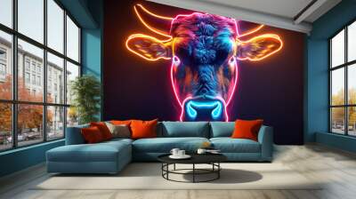 glowing neon light effect head of a cow, bright advertising design element, cow logo light signboard banner for veterinary clinic, pet shop, night club concept Wall mural