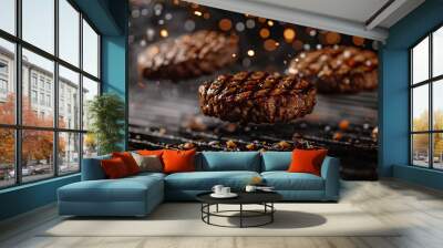 grilled steak meat flying on dark blur background  grilled meat collection, ultra realistic, icon,  angle view food photo, burger composition for menu, cafe, restaurant. card  Wall mural