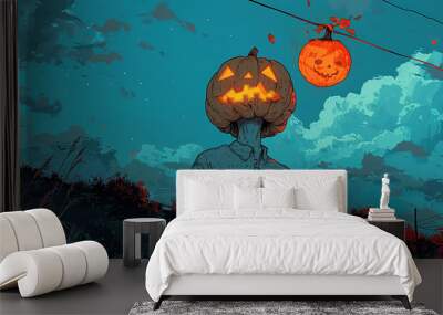 happy halloween orange pumpkin head scary man art on blue background, dark spooky scary night Wall mural