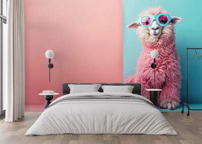 illustration of pink sheep with fur wearing goggles or glasses on pastel background , with space for text  Wall mural