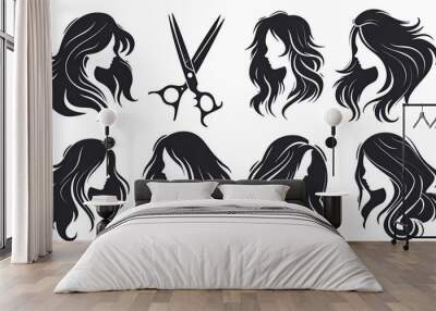 illustration of set of icon logo of  girl model hairstyle or haircut in black and white , woman long, medium or short hair. logo style, background, poster or banner for hair salons Wall mural