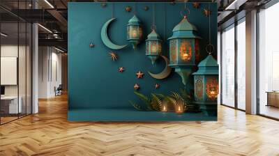 islamic greeting eid ul adha ramadan kareem and eid mubarak card design background with lanterns , lamps and lights	
 Wall mural