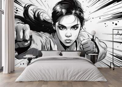 karate young girl in karate pose in comic book style black and white art Wall mural