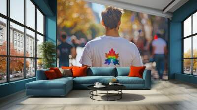 LGBTQ community concept, Pride design logo icon colorful print on white t shirt, rear view of man Wall mural