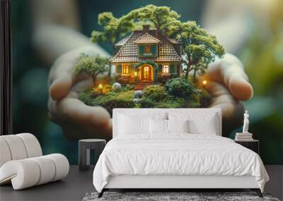 LIFESTYLE IMAGE- model house with trees and greenery in woman's hands isolated on blur background Wall mural