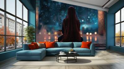 muslim woman praying in mosque with night star view in background, Festive greeting card, invitation for Muslim holy month Ramadan Kareem. Wall mural