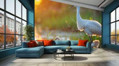 Rare endangered swan on water lake background Earth Day or World Wildlife Day concept. Save our planet, protect green nature and endangered species, biological diversity theme Wall mural