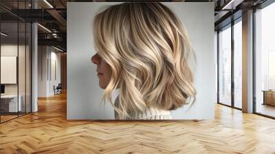 Rear view of short bob hair of girl with blonde ombre balayage haircolor	
 Wall mural