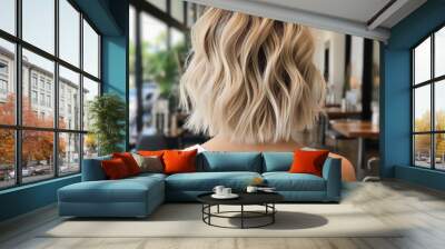 Rear view of short bob hair of girl with blonde ombre balayage haircolor	
 Wall mural