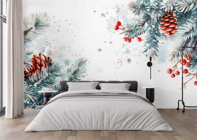 red cherry and christmas tree pine leaves on white background abstract greeting cards, banners, merry christmas, happy winter, new year eve , new year celebrations Wall mural