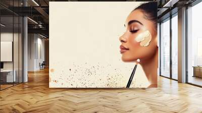 side view of girl doing makeup by brush isolated on beige background, Beauty procedure watercolor art , Concept of beauty, skincare, makeup. Flat vector illustration Wall mural