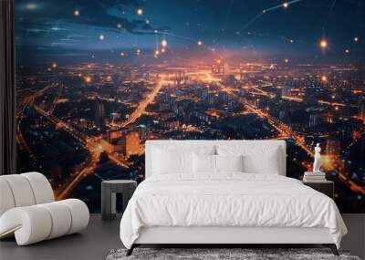 Smart city and internet of things, wireless communication network, Network and Connection technology concept , big data connection technology concept . Wall mural