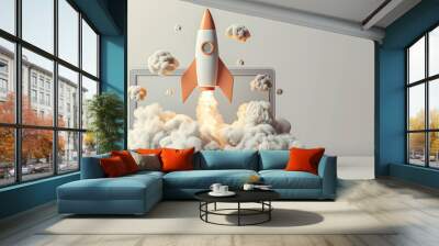 Space rocket shuttle with a cloud of smoke and blast takes off from a laptop, rocket launching from a laptop 3D rendering, Business start up or goal to success.creativity of human Wall mural