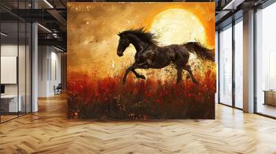 textured painting of horse , running fast effect with paint brush red rough strokes on sunset art background, with space for text , card, banners, portraits  Wall mural