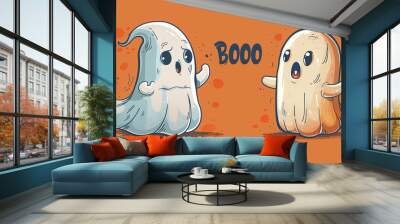 two cute white ghosts art in love giving hearts on halloween or valentines day, can be used for halloween party invitation cards or banners, with orange background Wall mural