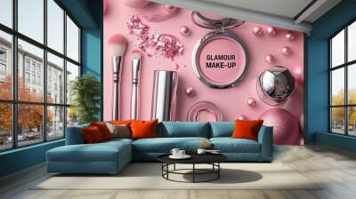 Wake up and makeup. lipstick, blush on pink background make up 3d rendered Cosmetics beauty elements, Motivational poster, card. Wall mural