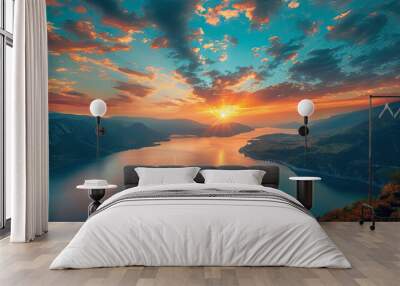 Watercolor painting of Beautiful moody sunrise landscape with water and mountains and clouds Wall mural