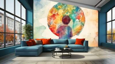 World autism awareness day card or banner, autistic kid  with colorful world globe art  Wall mural