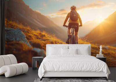 World bicycle day concept International holiday june 3, bicycle rider on mountains background, banner, card, poster with text space Wall mural