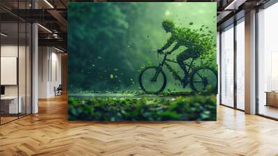 World bicycle day concept International holiday june 3, Green bicycle and man silhouette made up of leaves. Environment preserve. blur nature background, banner, card, poster with text space Wall mural