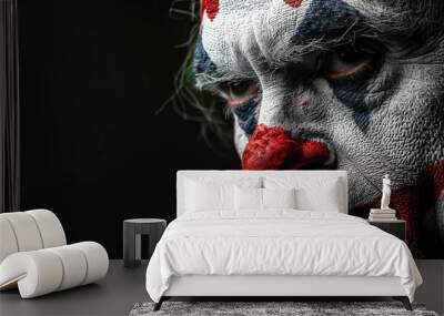 World Circus Day. Holiday concept.  a man with joker face makeup or paint, scarry look, background, banner, card, poster, Halloween  Wall mural