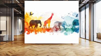 World Habitat wildlife day, watercolor art of endangered species of animals, world Forest and biodiversity. Earth Day or World Wildlife Day concept. Biodiversity. Environmental protection. Wall mural