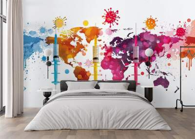 world Immunization Week, April 24-30 , vaccine syringe on colorful splash white background, Immunization awareness month card banner portrait  Wall mural