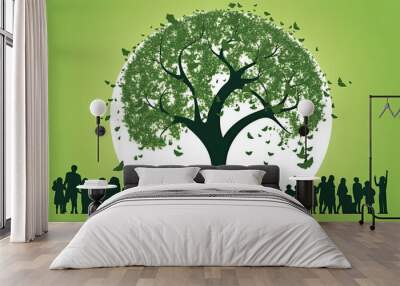 World Population Day Concept, 11July. green tree with people silhouette under tree  Overcrowded, overloaded, explosion of world population and starvation.Poster Or banner  Wall mural