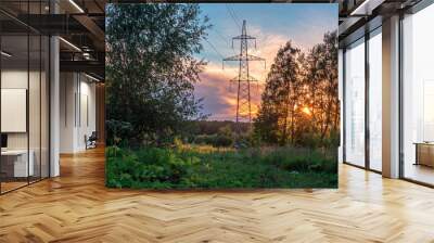 High voltage power line in forest at sunset Wall mural