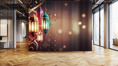 Celebration of islamic eid mubarak and eid al adha lantern in a light background. Wall mural