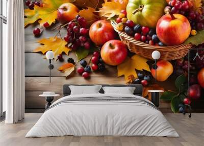 An exquisite artwork featuring a luxurious fruit basket adorned with autumn leaves captures the essence of the season, creating an ideal setting for Thanksgiving Wall mural