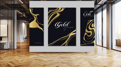 Abstract poster design of gold shades with liquid stripes. Gold curves and wavy lines on a dark black background. A4 size. Ideal for banners, flyers, invitations, covers, business cards. Vector illust Wall mural