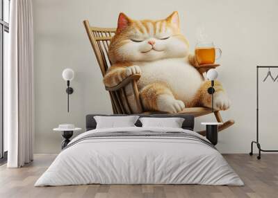 3d, cute chubby furry cat, satisfied expression, one eye open, other closed, lying in rocking chair, drinking hot tea Wall mural