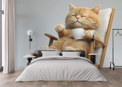 3d, cute chubby furry cat, satisfied expression, one eye open, other closed, lying in rocking chair, drinking hot tea Wall mural