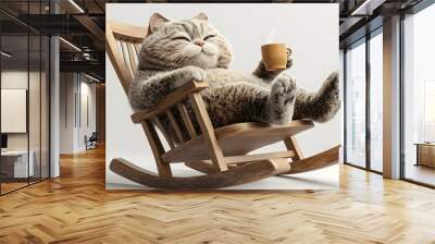 3d, cute chubby furry cat, satisfied expression, one eye open, other closed, lying in rocking chair, drinking hot tea Wall mural