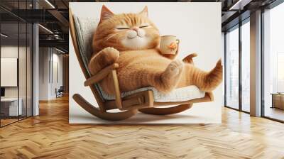 3d, cute chubby furry cat, satisfied expression, one eye open, other closed, lying in rocking chair, drinking hot tea Wall mural