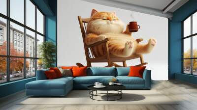 3d, cute chubby furry cat, satisfied expression, one eye open, other closed, lying in rocking chair, drinking hot tea Wall mural