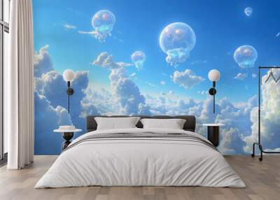 A boundless sea of clouds stretches to the horizon, with glowing orbs bobbing like jellyfish in the mist Wall mural