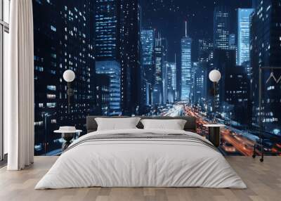 A bustling city at night, with skyscrapers illuminated and traffic creating streaks of light Wall mural