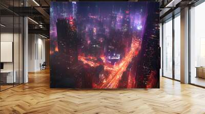 A bustling city at night, with skyscrapers illuminated and traffic creating streaks of light Wall mural