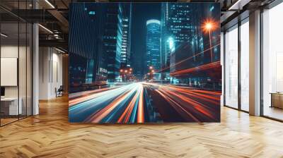 A bustling city at night, with skyscrapers illuminated and traffic creating streaks of light Wall mural