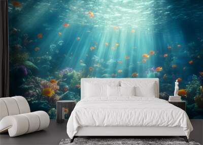 A dreamy underwater scene with schools of colorful fish, corals, and rays of sunlight penetrating through the water’s surface Wall mural