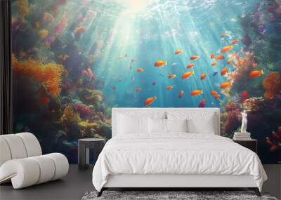 A dreamy underwater scene with schools of colorful fish, corals, and rays of sunlight penetrating through the water’s surface Wall mural