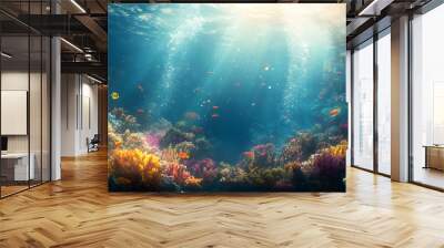 A dreamy underwater scene with schools of colorful fish, corals, and rays of sunlight penetrating through the water’s surface Wall mural