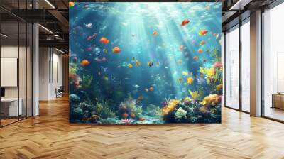 A dreamy underwater scene with schools of colorful fish, corals, and rays of sunlight penetrating through the water’s surface Wall mural