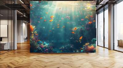 A dreamy underwater scene with schools of colorful fish, corals, and rays of sunlight penetrating through the water’s surface Wall mural